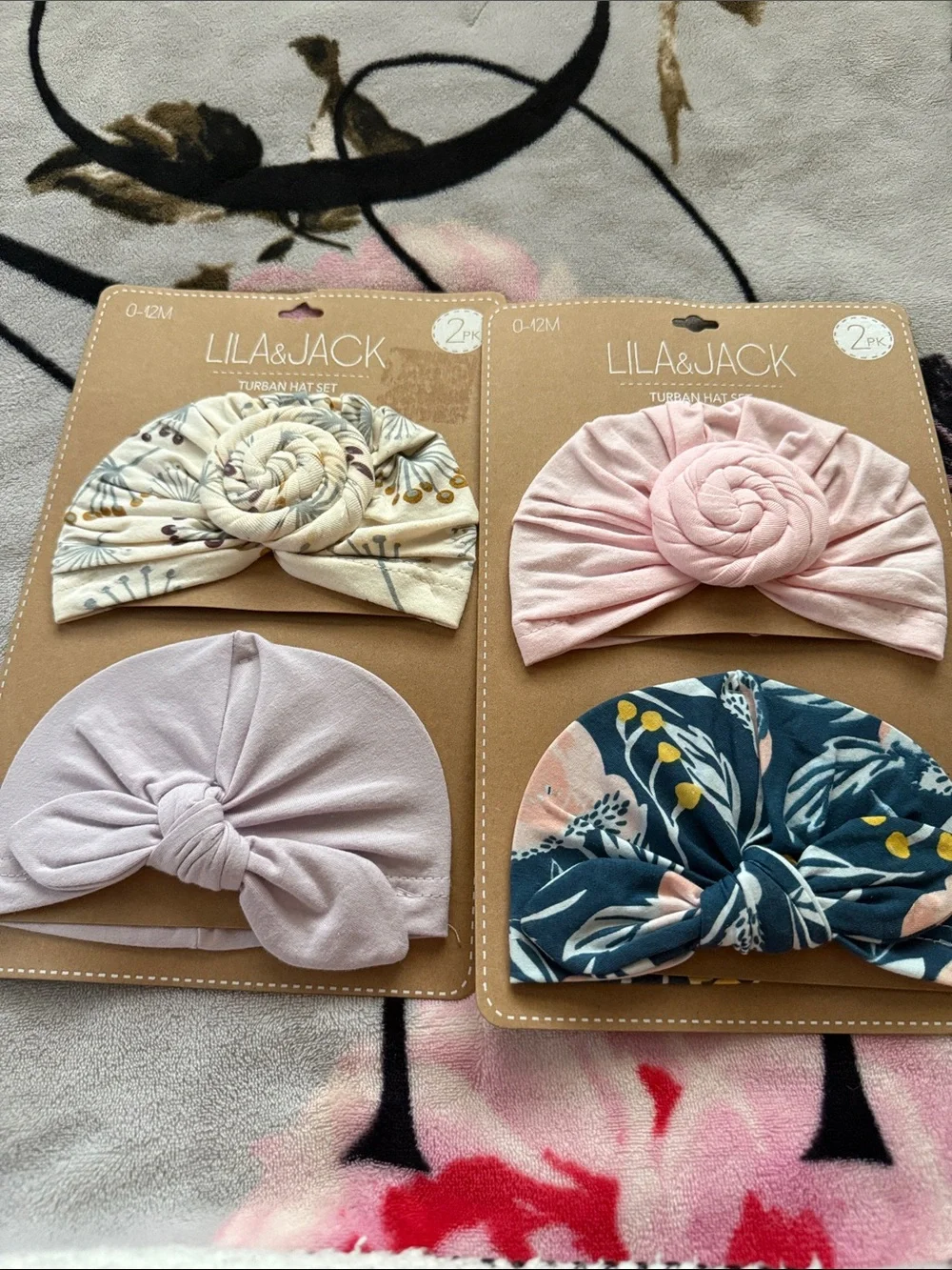 Baby Turban Hat Set - Pink, Cream & Navy Floral